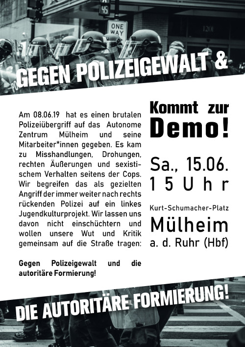 Nach brutalem Polizeiübergriff: Solidarität mit den Mitarbeiter*innen des Autonomen Zentrums Mülheim!